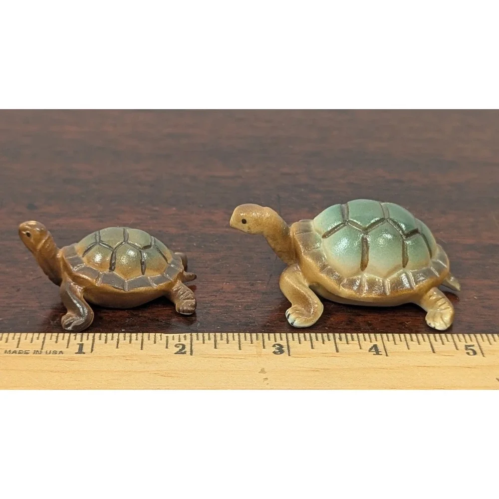 Vintage Pair Miniature Ceramic Turtle Figurines Green Brown Tortoise Decor
